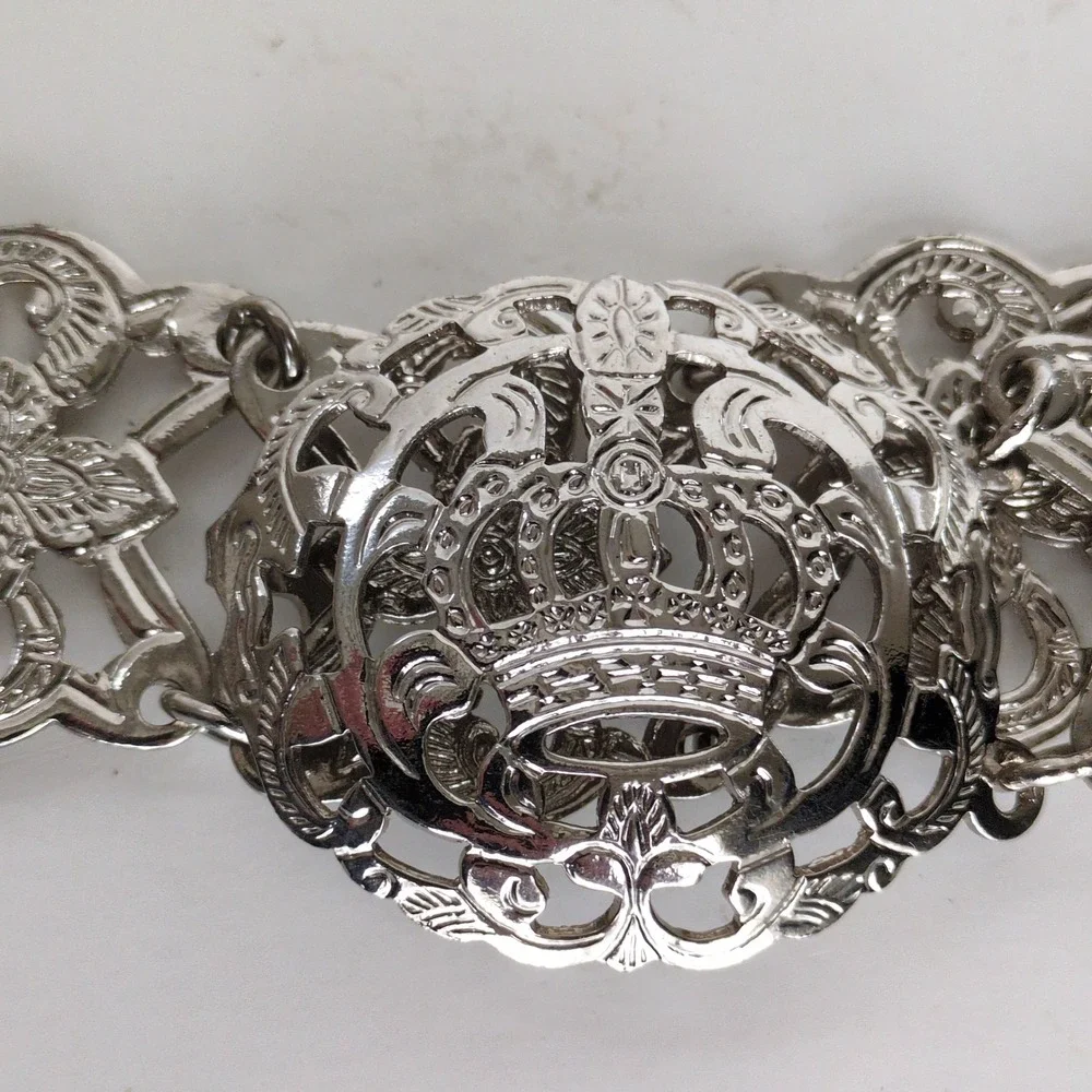 Vintage English Nurses Silver Plate? Chain‎ Belt Filigree Crown Floral Metal